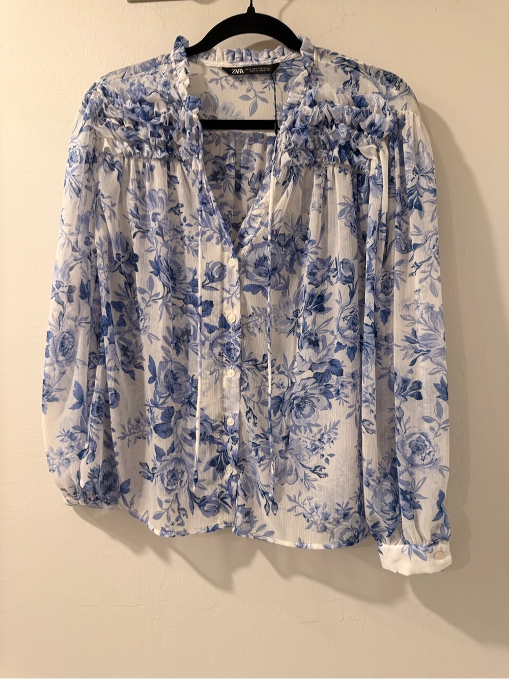 Zara Blue Floral Button-Up Blouse